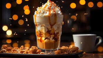 AI generated Indulgent dessert chocolate ice cream, whipped cream, marshmallow, hot drink generated by AI photo