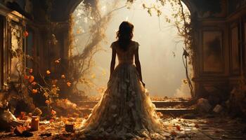 AI generated A beautiful young woman in a wedding dress, surrounded by autumn leaves generated by AI photo