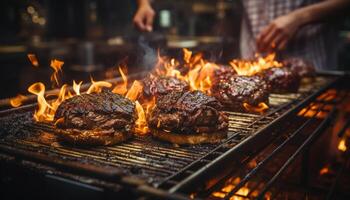 ai generado A la parrilla bife, cocido a perfección, Listo a comer, muy lleno con sabor generado por ai foto