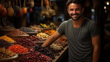 ai generado un confidente hombre de venta Fresco orgánico fruta, sonriente a clientes generado por ai foto