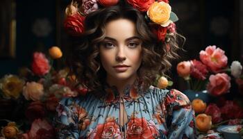 AI generated A beautiful young woman with curly hair and a flower generated by AI photo