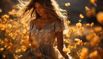 ai generado joven mujer disfrutando el libertad de naturaleza en otoño prado generado por ai foto