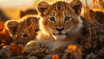 ai generado linda Tigre cachorro ocultación en césped, juguetón y adorable generado por ai foto