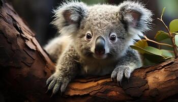 AI generated Cute koala sitting on branch, looking at camera in forest generated by AI photo