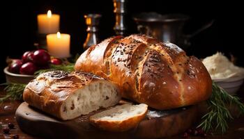 AI generated Freshly baked homemade bread on a rustic wooden table generated by AI photo
