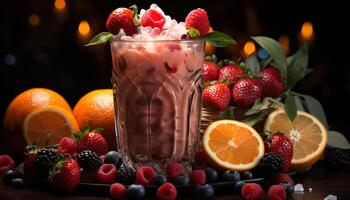 AI generated Freshness of summer berries on wood table, healthy gourmet dessert generated by AI photo