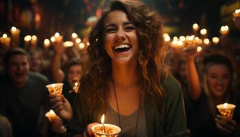 ai generado joven mujer disfrutando un alumbrado por velas celebracion, sonriente y riendo juntos generado por ai foto