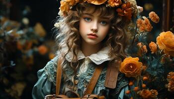 ai generado un linda chica, sonriente, mirando a cámara, rodeado por otoño hojas generado por ai foto