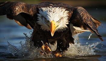 ai generado majestuoso calvo águila volador, caza pez, feroz y gratis generado por ai foto