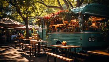 ai generado hombres sentado al aire libre a un bar, disfrutando comida y bebidas generado por ai foto