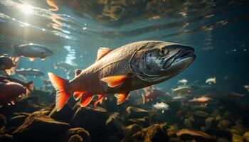 AI generated Underwater, a school of fish swim in a tropical reef generated by AI photo