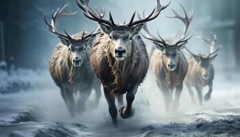 AI generated Majestic stag running through snowy forest, surrounded by herd generated by AI photo