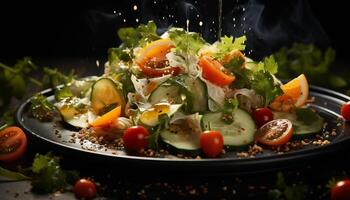 AI generated Fresh gourmet salad with grilled meat and organic vegetables generated by AI photo