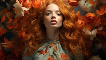 AI generated A beautiful young woman with long blond hair, looking at the camera, surrounded by autumn leaves and flowers, exuding elegance and sensuality generated by AI photo
