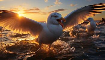 AI generated Seagull flying freely, reflecting heaven beauty in tranquil sunrise generated by AI photo