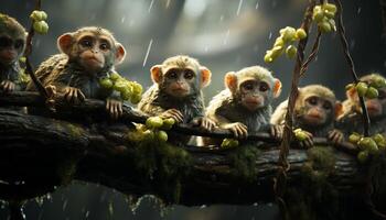 AI generated Cute young monkey sitting on branch, eating in tropical forest generated by AI photo