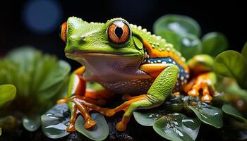 AI generated Red eyed tree frog sitting on branch in tropical rainforest generated by AI photo