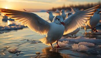 AI generated Seagull flying at sunset, wings spread, reflecting on tranquil water generated by AI photo