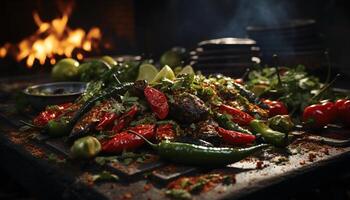 AI generated Grilled vegetables on rustic plate, healthy and fresh meal generated by AI photo