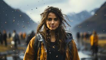 AI generated Young woman smiling outdoors, enjoying the beauty of nature generated by AI photo