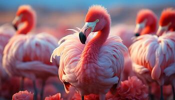 AI generated Vibrant pink flamingos stand gracefully in the African sunset generated by AI photo