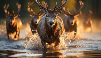 ai generado ciervo salpicaduras en invierno agua, naturaleza belleza en atención generado por ai foto