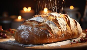 AI generated Freshly baked bread on wooden table, a gourmet homemade meal generated by AI photo