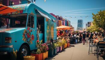 ai generado de viaje carnaval vende tradicional comida en un iluminado paisaje urbano generado por ai foto