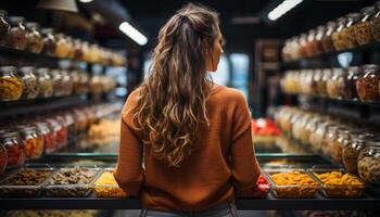 ai generado uno mujer comprando comestibles en un Al por menor almacenar, elegir sano comida generado por ai foto