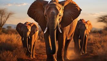 ai generado elefante manada camina en tranquilo africano desierto a puesta de sol generado por ai foto