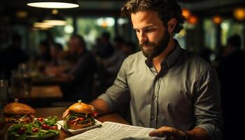 ai generado un hermoso hombre sentado a un mesa, leyendo y trabajando generado por ai foto