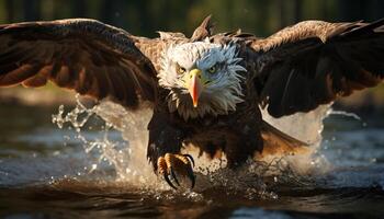 ai generado calvo águila altísimo, alas desparramar, atrapando pescado en medio aire generado por ai foto