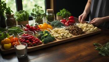 AI generated Fresh, healthy vegetarian meal salad with tomato, carrot, broccoli, and cucumber generated by AI photo