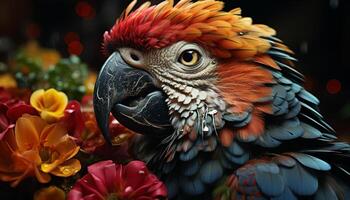 AI generated Majestic macaw perching on branch, vibrant colors in nature generated by AI photo