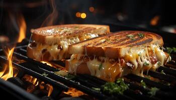 ai generado A la parrilla carne en fuego, un gastrónomo comida cocido al aire libre generado por ai foto