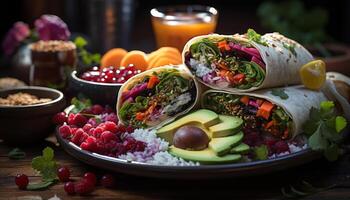 AI generated Fresh avocado, meat, tomato, cilantro, vegetable, and lime on flatbread generated by AI photo