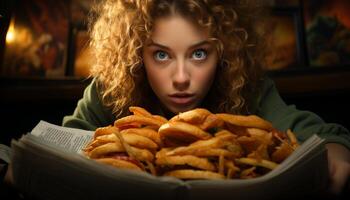 ai generado uno mujer sentado a mesa, comiendo francés papas fritas, mirando a cámara generado por ai foto