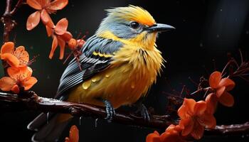 AI generated A vibrant yellow bird perches on a branch, surrounded by nature generated by AI photo