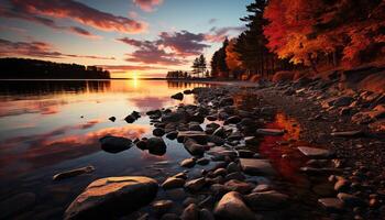 ai generado tranquilo puesta de sol refleja en agua, naturaleza belleza en otoño generado por ai foto