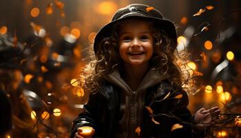 AI generated Smiling girl enjoys autumn night, playful with Christmas lights generated by AI photo