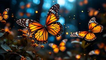 AI generated The vibrant butterfly beauty illuminates the multi colored forest generated by AI photo