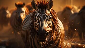 AI generated African stallion grazes in the wild, striped beauty in nature generated by AI photo