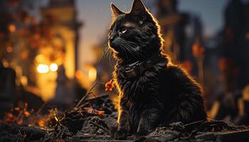 ai generado linda gatito sentado en el oscuro, mirando a el fuego generado por ai foto