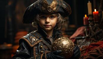 AI generated Cute child playing outdoors, dressed as pirate, holding sword generated by AI photo