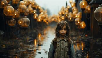 ai generado un linda niña en pie al aire libre, sonriente a cámara en invierno generado por ai foto