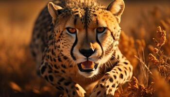ai generado majestuoso guepardo, salvaje belleza, curioso dentro atardecer, tranquilo y feroz generado por ai foto