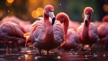 AI generated Vibrant pink bird wading in tranquil Caribbean pond generated by AI photo