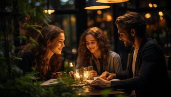 ai generado joven adultos sentado a mesa, sonriente, disfrutando Navidad luces y bebidas generado por ai foto