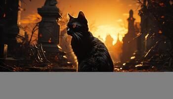 AI generated Spooky kitten sits on tombstone, Halloween night, evil nature generated by AI photo