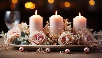 ai generado romántico luz de una vela ilumina elegante mesa, brillante con amor y celebracion generado por ai foto